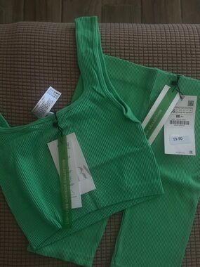 Zara Vibrant Green Ribbed Crop Tank & Short Set